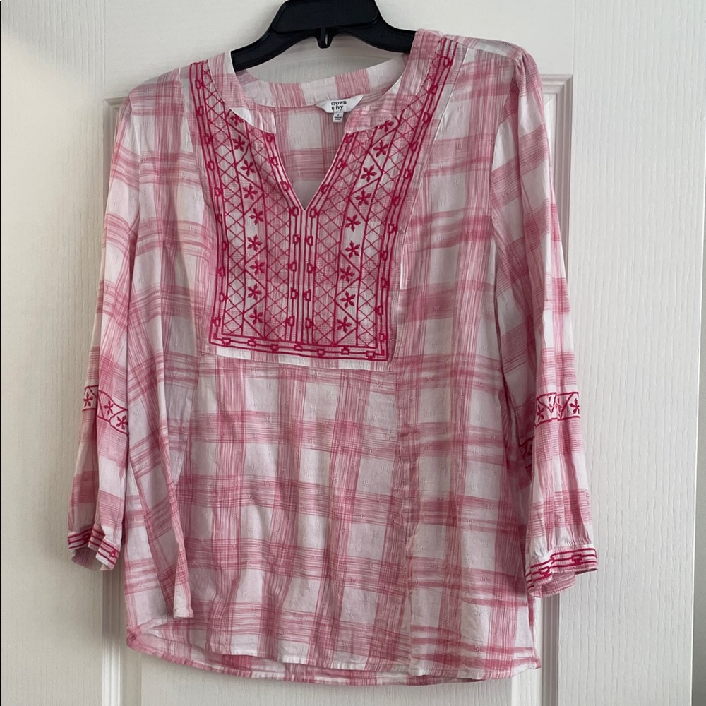 crown & ivy Pink Plaid Embroidered Tunic